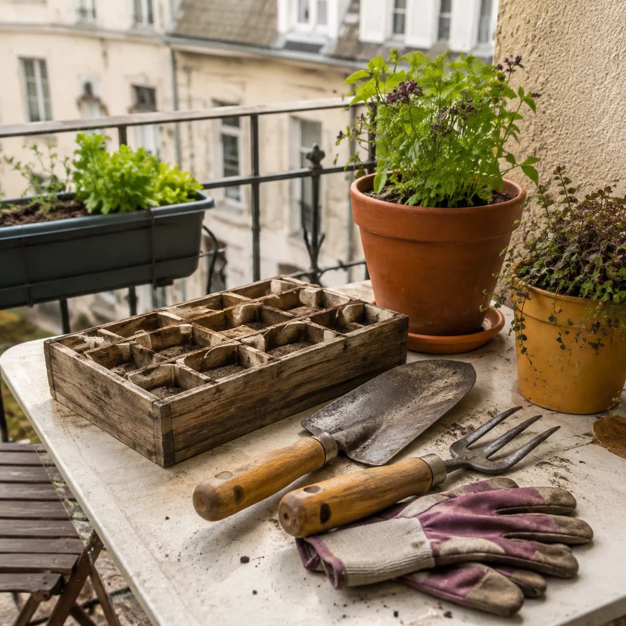 Des outils de jardinage, des gants et un plateau de semis sur une table de balcon.