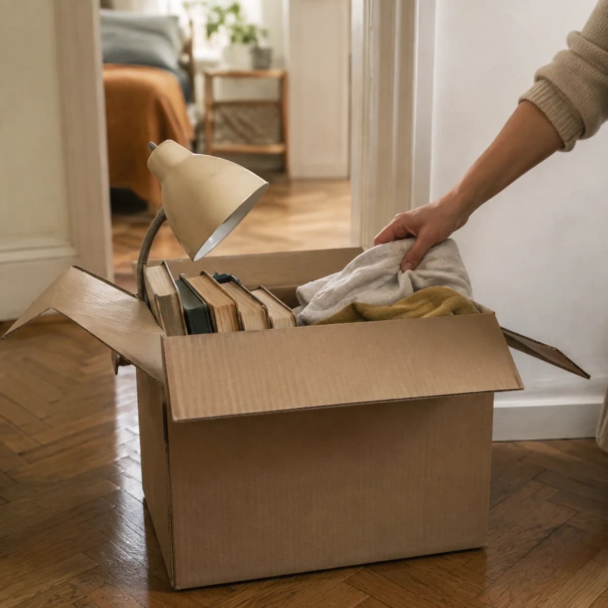 Une main protège des livres et une lampe dans un carton près de la porte.