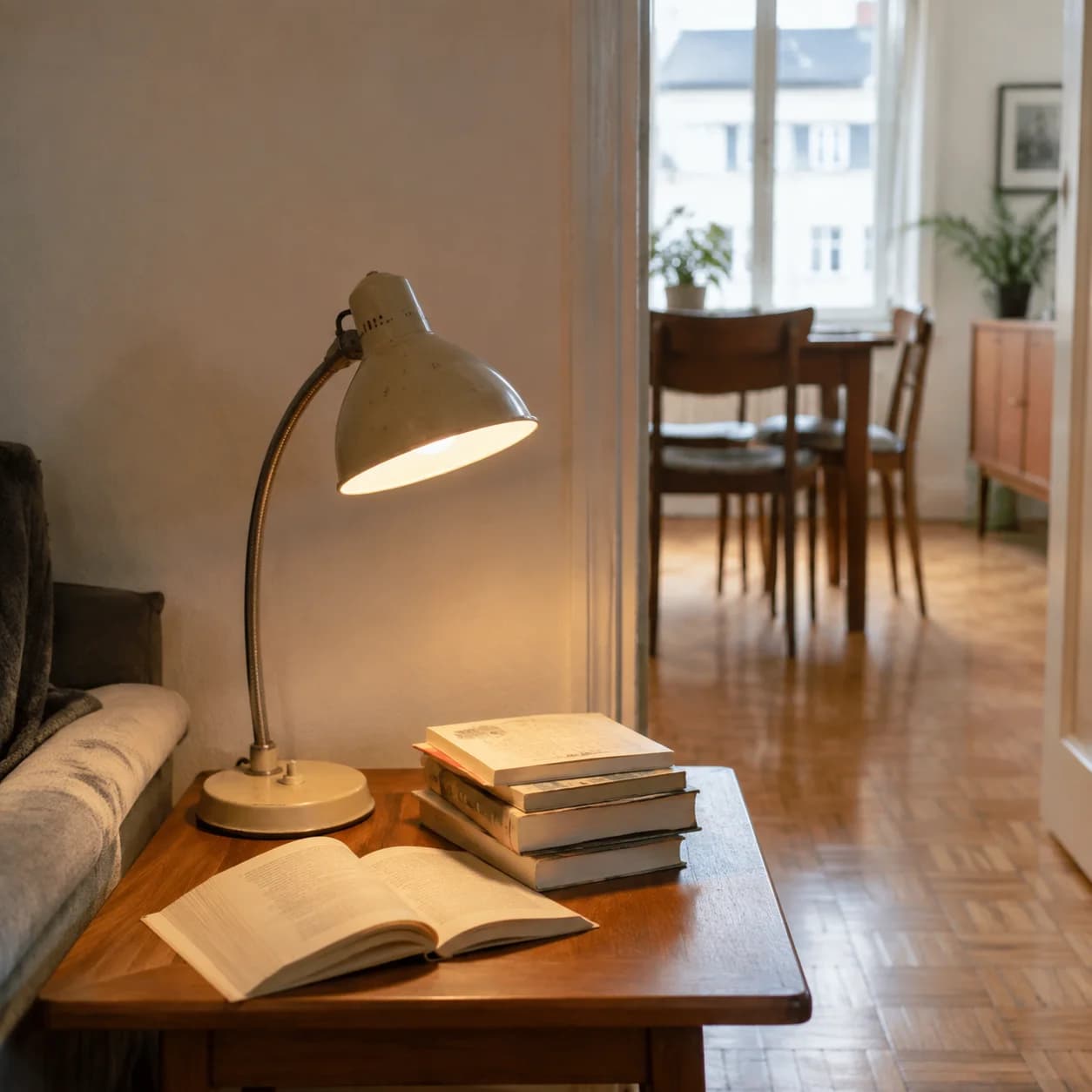 Une lampe allumée éclaire un livre ouvert sur une table en bois.