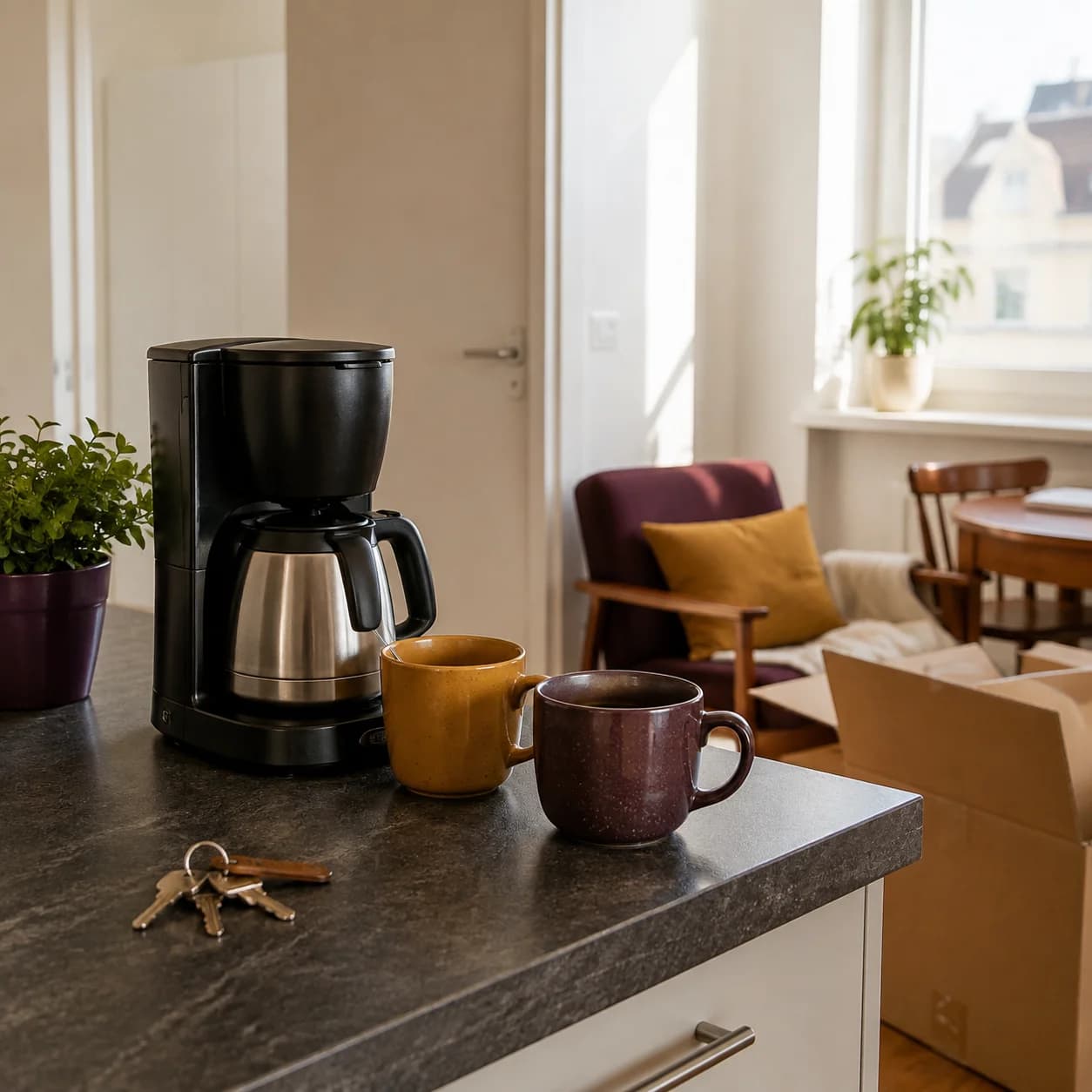 Deux tasses, une cafetière et des clés dans une cuisine tout juste habitée.