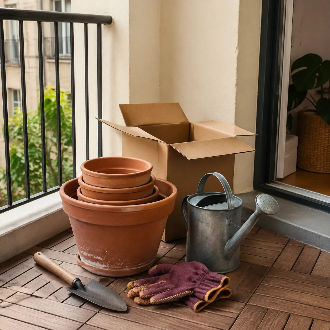 Des pots en terre cuite, des gants et des outils de jardin réunis sur un balcon.