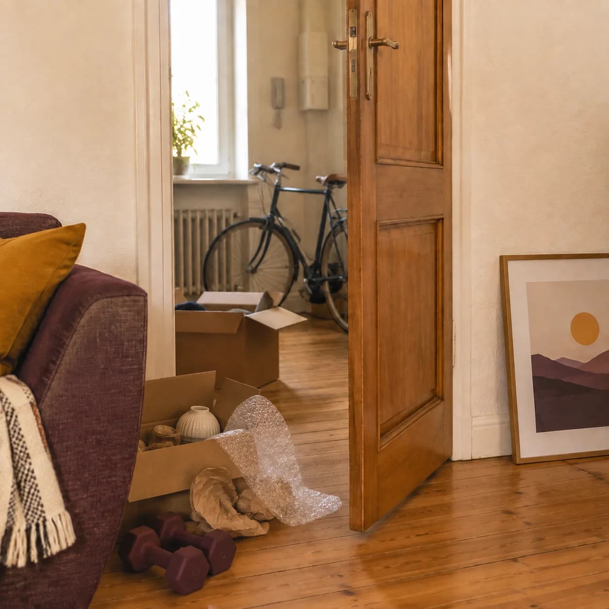 Des haltères, un carton ouvert et du papier bulle à côté d’une porte dégagée.