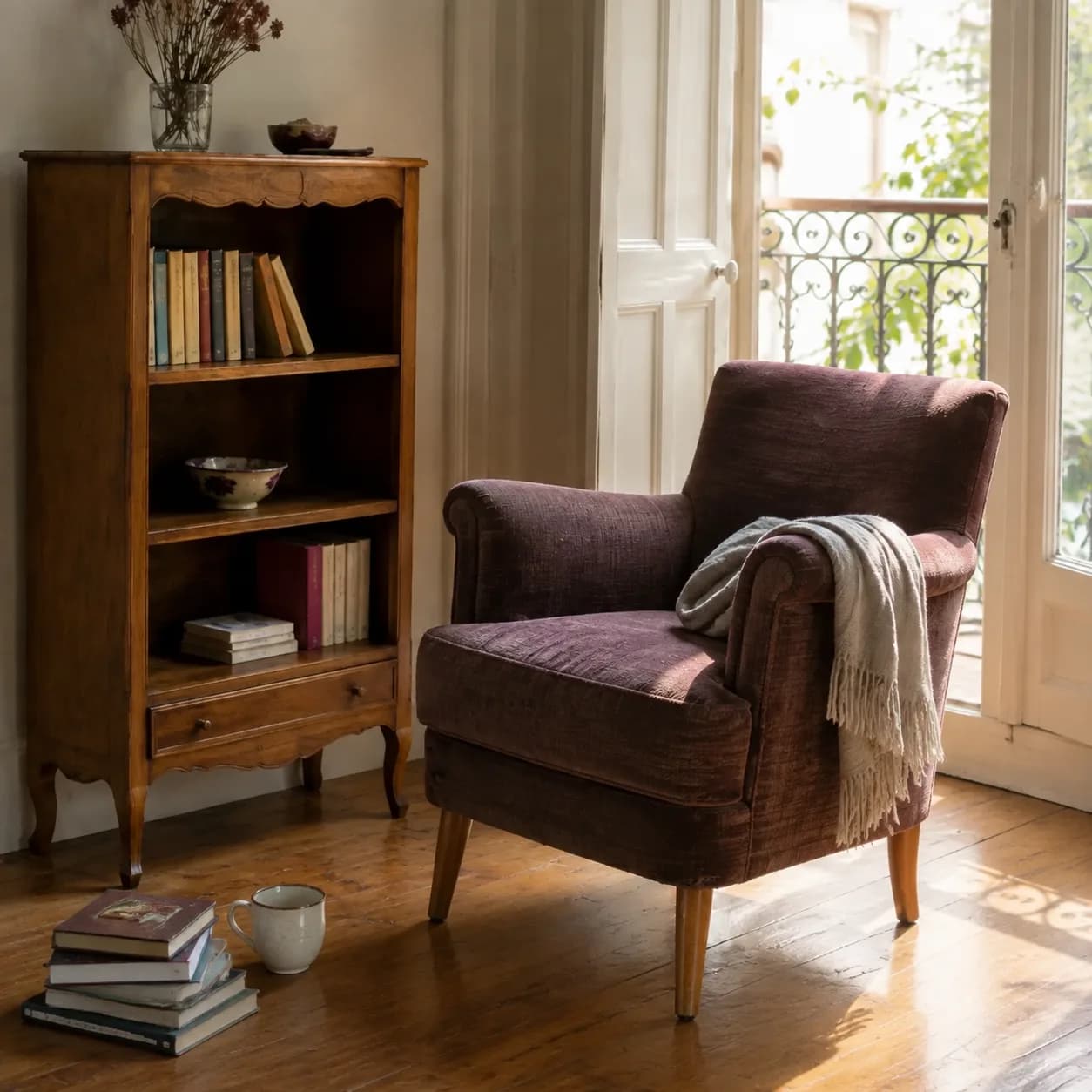 Un fauteuil près de la fenêtre, avec une tasse et des livres à portée de main.
